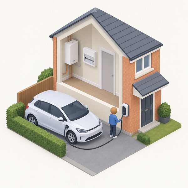 A small isometric figure stands beside a home EV charge point mounted on the outside wall of a house, with a cable running to a parked car and the household's other electrical load hardware, such as a boiler and consumer unit, hinted inside the cutaway wall.