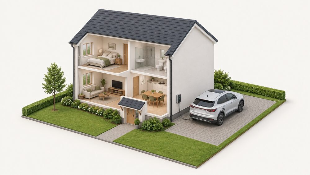 An electric car parked on a home's driveway with a charging cable running from its side port to a bidirectional wall-mounted charger on the house's external wall, the charger connected by cable into the house behind it.