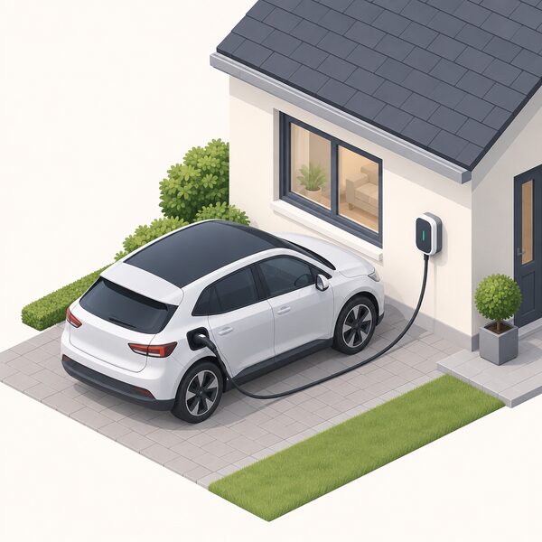 A small isometric figure of a standard one-way home EV charger mounted on the outside wall of a house, its cable running down and plugged into the charge port of an electric car parked on the driveway beside it.