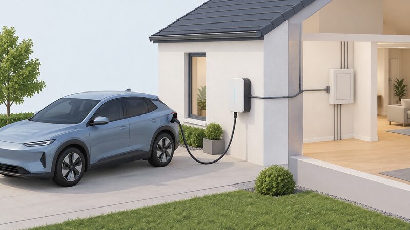 An electric car parked on a driveway with a bidirectional charging cable running to a wall-mounted charger unit on the house's outer wall, and a second cable continuing from that unit through the wall into the home's circuits.