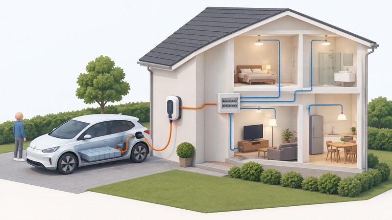 A cutaway view of an electric car parked beside a house, with a cable running from the car's battery through a wall-mounted charger unit into the home's consumer unit, from which wires fan out to simplified household circuits.
