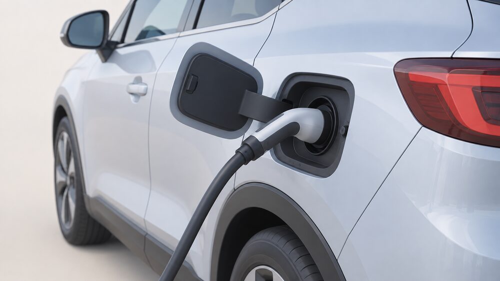 A close-up of a Type 2 charging plug seated in an electric car's open charge port on the car's flank, the charge flap lifted, with the cable running out of frame and no other equipment shown.