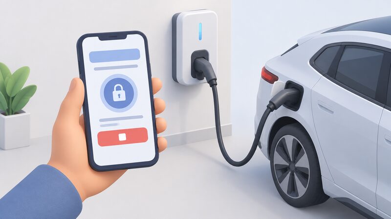 A smartphone held in one hand showing a charger app home screen with a padlock control and a stop charge button, drawn as a physical screen with plain blocks and blank lines, beside a wall-mounted EV charger with its cable still connected to a car.