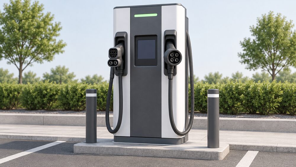 A close-up of a public DC rapid charging unit outdoors with two tethered cables hanging from holsters, one ending in a Combo 2 CCS plug and one in a round four-pin CHAdeMO plug, both clearly visible side by side.