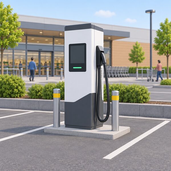 A freestanding DC rapid charger unit standing in a supermarket car park, with a single heavy charging cable on a holstered lead hanging from its side, drawn as a simple outdoor scene with the store building behind.