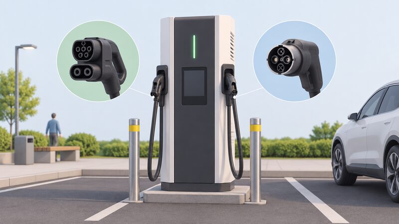 A single UK rapid charging unit standing on a simplified public site, with two tethered cables hanging from holsters on the unit, one ending in a CCS plug and the other in a CHAdeMO plug, shown side by side so both connector types are clearly visible.