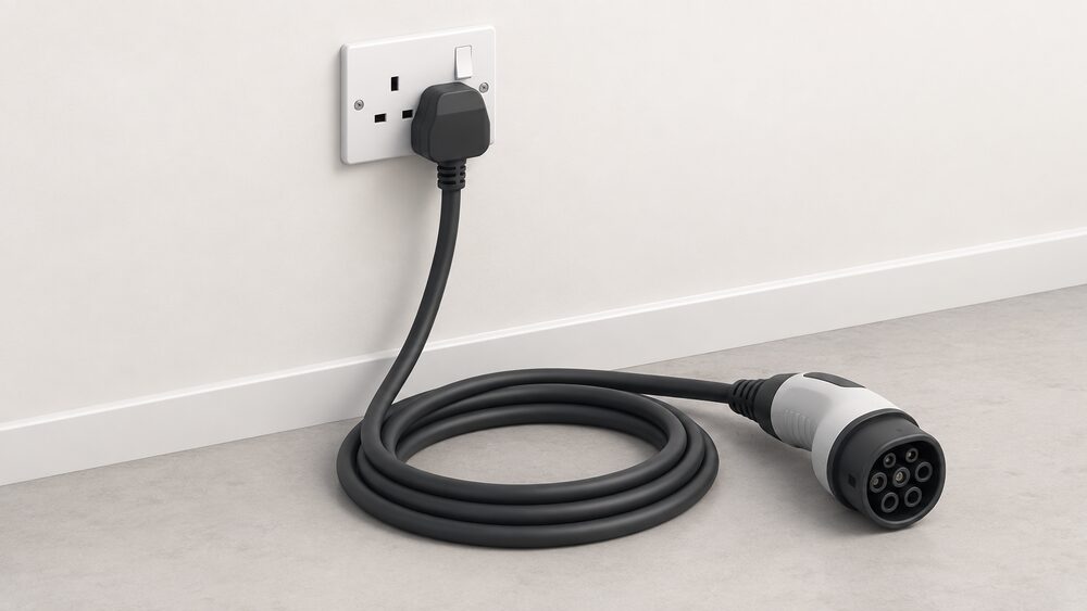 A close-up of a UK three-pin wall socket with a portable EV charging lead plugged in: the three-pin plug sits in the socket, the cable runs down the wall and coils on the ground, ending in a Type 2 connector resting beside it.