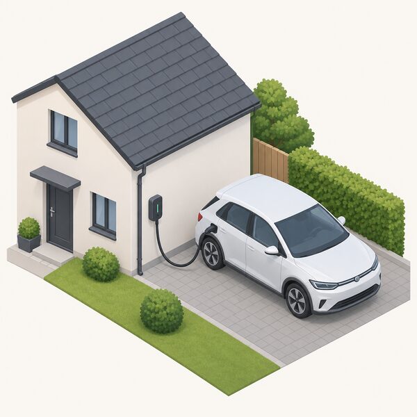 A small wall-mounted dedicated EV chargepoint fixed to the outside wall of a house beside a driveway, with a cable running from it to a plugged-in electric car parked on the driveway, drawn as a simple isometric scene.