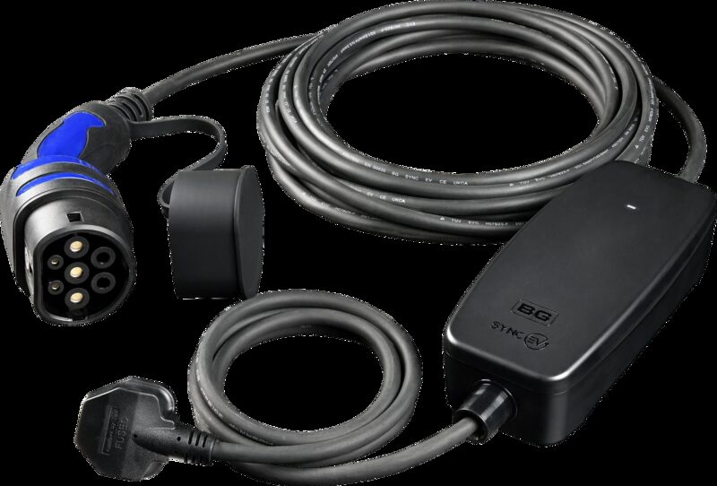 A Mode 2 portable EV charging cable with a Type 2 connector, coiled black cable, control box and 3-pin UK plug