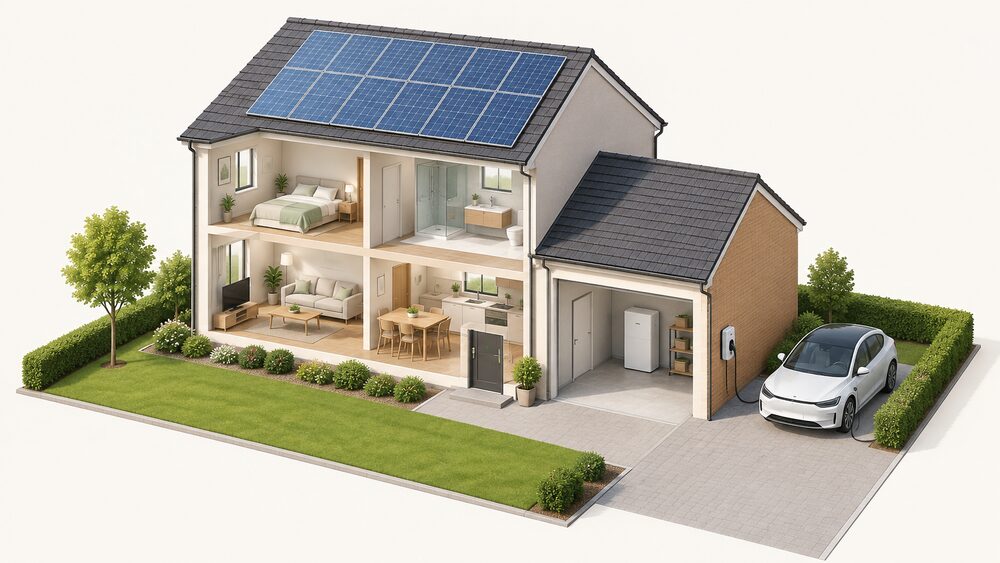 A cutaway house at midday with solar panels on the roof, an electric car plugged into a wall-mounted charge point on the drive, and a battery unit in the garage, showing the whole solar-charging setup together.
