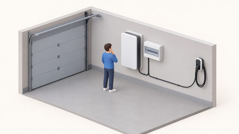 A simplified isometric garage scene showing a wall-mounted home battery unit fixed beside a consumer unit, with a small figure standing between them looking at the two units, and a cable running from the equipment towards an EV charge point.