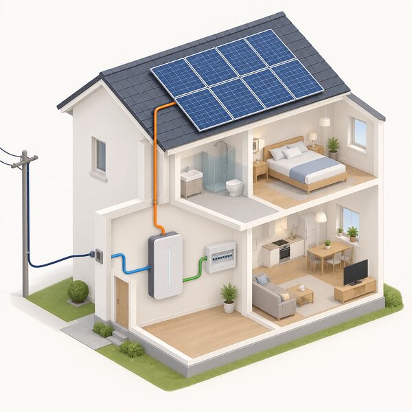 An isometric cutaway of a home interior showing a wall-mounted battery unit indoors with a cable from rooftop solar panels above and a grid supply cable entering from outside, both feeding the battery which connects to the household's consumer unit.