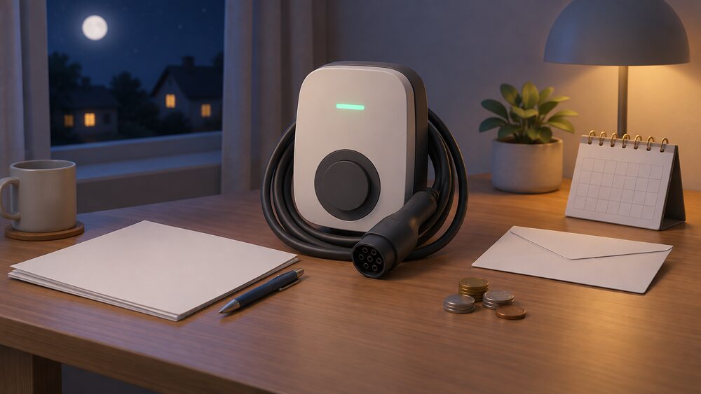 A small model of a wall-mounted EV chargepoint with its coiled charging cable sits on a table beside blank application paperwork, a plain envelope, a few coins and a small calendar, all lit as if at night while the household sleeps.