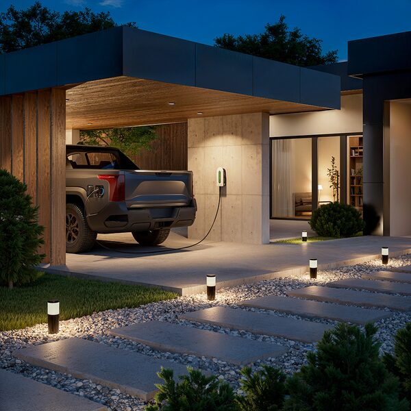 A wall-mounted EV charger charging a grey electric pickup truck at a modern home carport at dusk