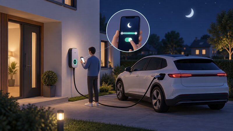 A home wall-mounted smart chargepoint at night with a cable running to a parked electric car, a small figure setting a schedule on the chargepoint or phone so charging happens within the overnight off-peak window.