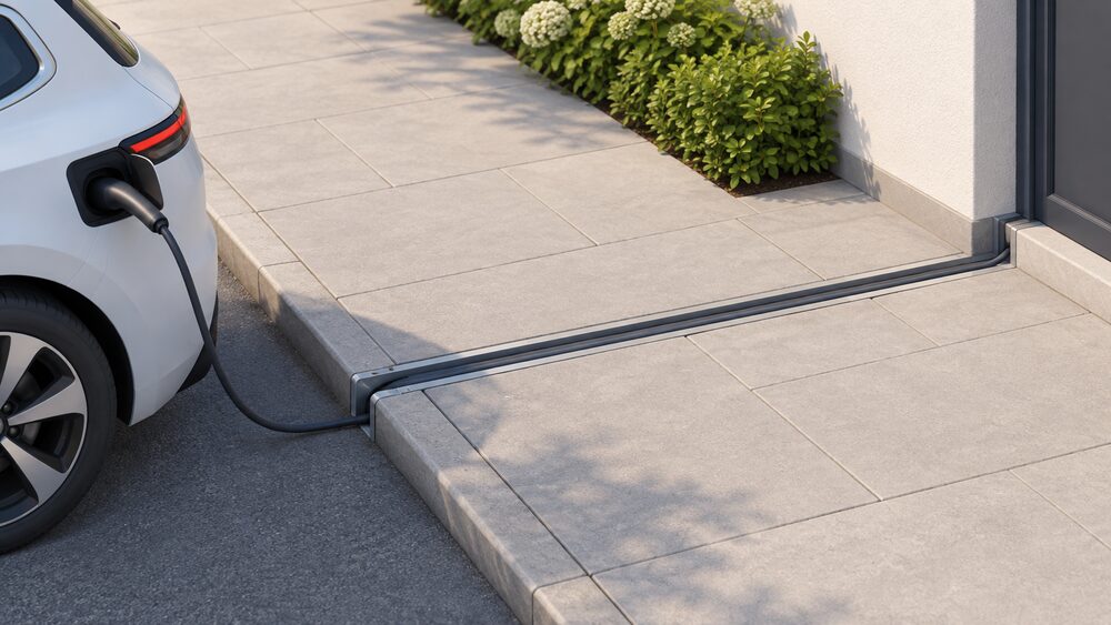 A close-up of a cross-pavement cable channel set flush into the footway between a parked electric car at the kerb and a house wall, with a charging cable running through the open channel from the car to the property, the pavement surface left clear and unobstructed.