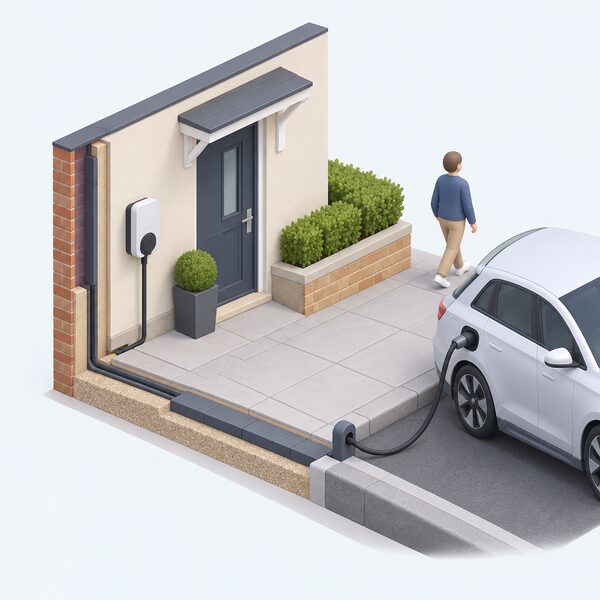 A cutaway view of a house wall with a small chargepoint connected by a protected channel running under the pavement to a cable rising out and plugging into a parked electric car at the kerb.