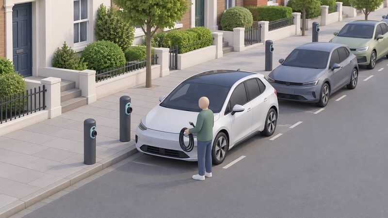A row of bollard-mounted on-street chargepoints along a residential kerb beside parked cars, with a simplified figure holding a coiled cable ready to plug in, each untethered chargepoint showing a socket but no attached lead.
