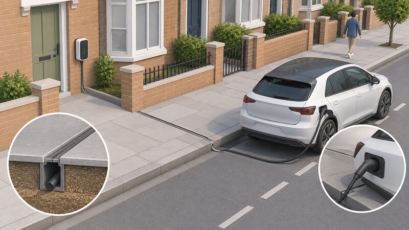 A terraced street scene in cross-section showing a narrow channel recessed into the pavement with a charging cable running through it from a house wall socket to an electric car parked at the kerb, the cable passing beneath rather than across the paving.