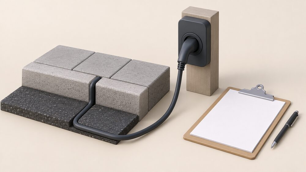 A small model of a pavement edge with a slot channel cut into it and an EV charging cable running down through the slot, beside a model wall-mounted chargepoint socket on a short post-like block, a clipboard with blank application sheets and a pen, all arranged on a plain tabletop.