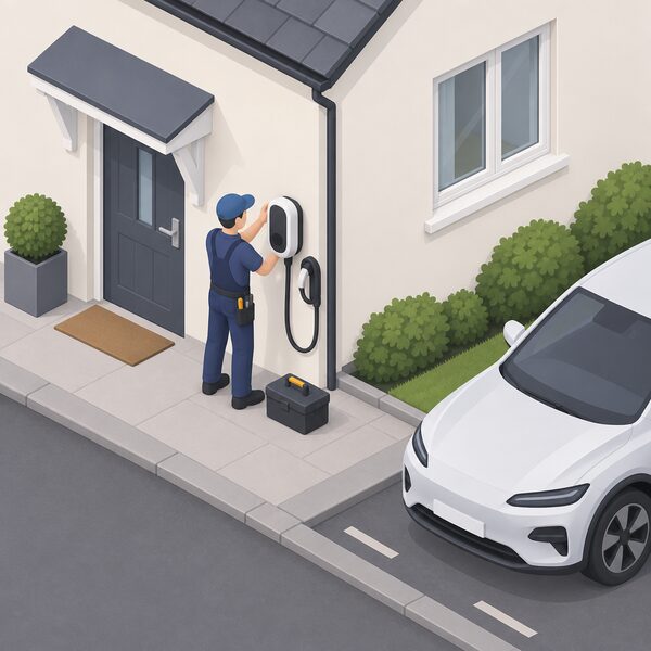A small isometric figure of an installer fitting a wall-mounted electric vehicle chargepoint on the outside wall of a domestic house, beside the front of the home near where a car would park at the kerb, with a cable running from the unit.