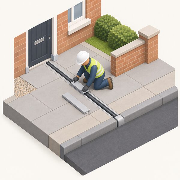A small isometric installer figure kneels on a suburban pavement cutting and fitting a narrow cross-pavement channel that runs from a house wall across the paving to the kerb, with a cable lying in the partly completed channel.