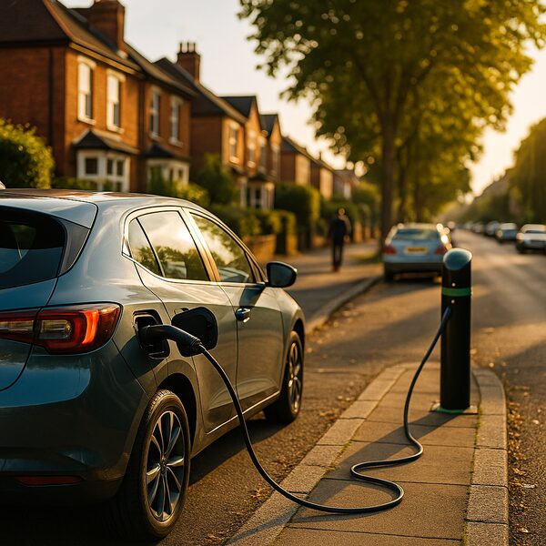 An electric car charging from a kerbside charge point on a UK residential street