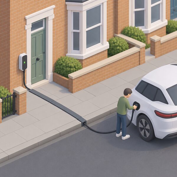 A wall-mounted chargepoint on a terraced house front with a cable dropping into a covered pavement channel, crossing the flagstones to a parked electric car, while a small figure plugs the cable into the car's charging port.