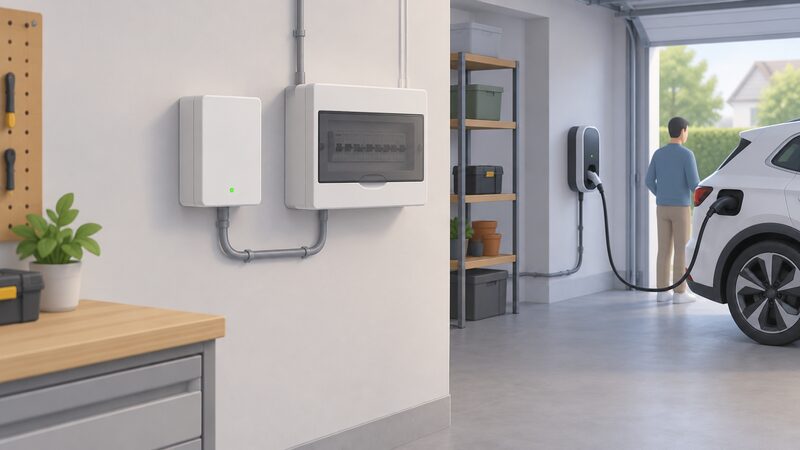 A small wall-mounted balancer unit, shown as a plain unbranded box with a status light, fixed to a garage or utility room wall beside the household consumer unit, with its cable conduit running between the two enclosures and onward toward the separate EV charging station.