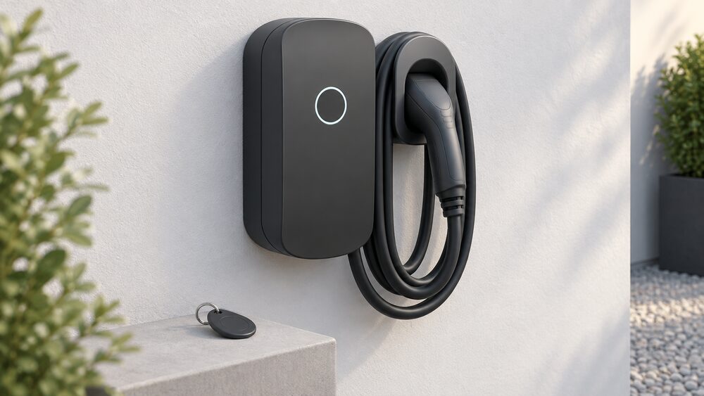 A close-up of a DEFA Power home wall charge point mounted on an outside wall, with its fixed Type 2 cable coiled in a docking holder beside it and an RFID key fob resting nearby.