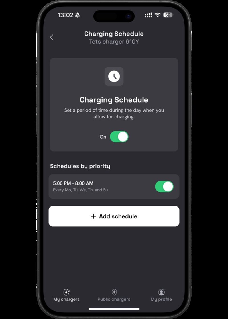 A smartphone screenshot of the DEFA Power app showing the charging schedule screen for an EV charger