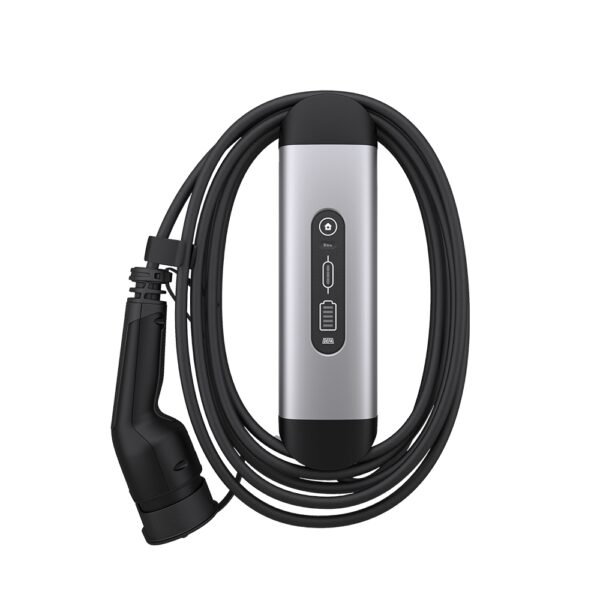 A DEFA wall-mounted EV charger with coiled cable and Type 2 connector on a white background