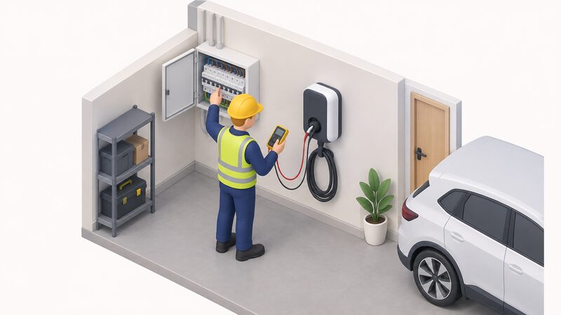 A simplified isometric electrician standing beside a wall-mounted EV charger, holding a test instrument with leads connected to the charger, while nearby an open consumer unit with its door open shows the electrician's other hand checking it, all inside a home.
