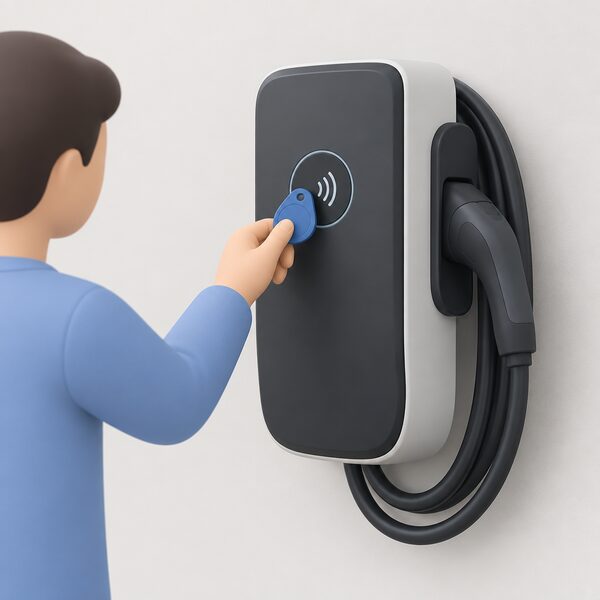 A close-up of a hand holding a small RFID key fob against the reader area on a wall-mounted EV charge point, with the charging cable resting in its holster on the unit.