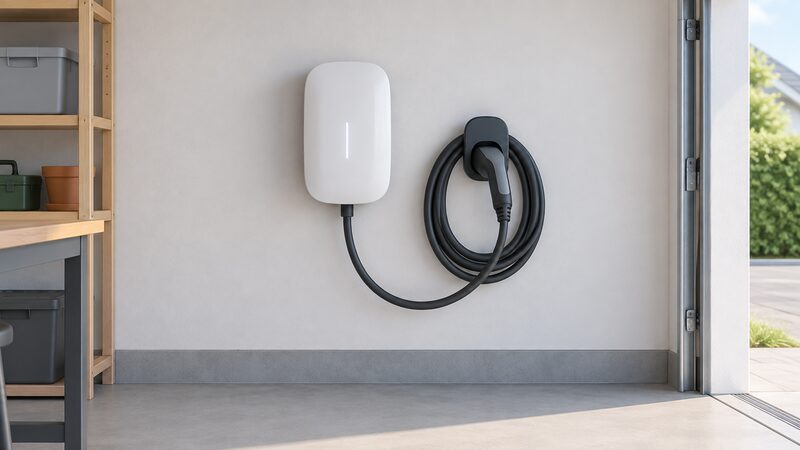 A white wall-mounted home EV chargepoint fixed to an ordinary garage wall, with its tethered Type 2 charging cable coiled neatly on an attached holster beside the unit.