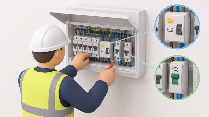 An electrician working at an open domestic consumer unit, with a dedicated EV charger circuit breaker and a Type A RCD clearly visible among the other protective devices.