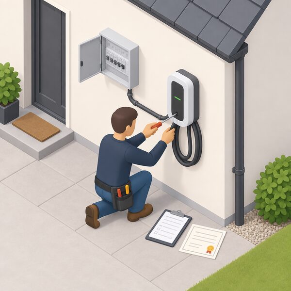 A qualified electrician in plain clothing fixing a wallbox EV charger to an outside house wall beside the consumer unit connection, with a clipboard of installation paperwork and a certificate resting nearby.