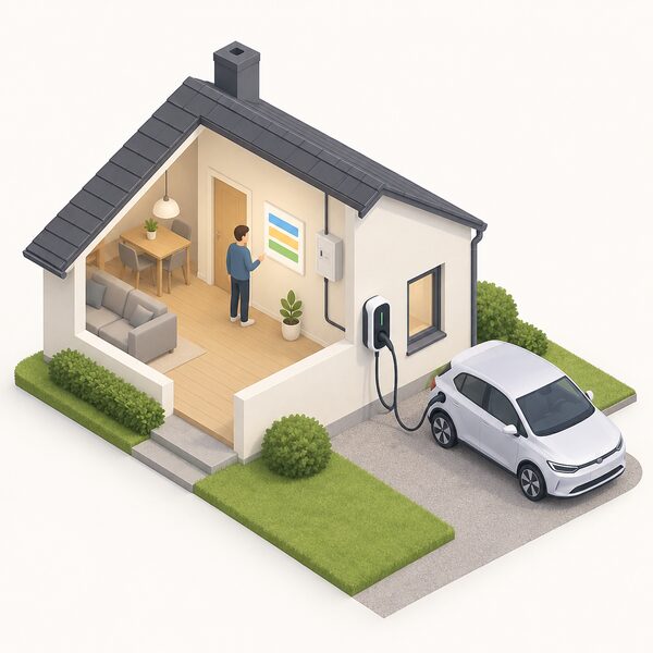 A small isometric house with a wallbox EV charger mounted on its outside wall, a cable running to a parked car, and a simplified connection from the charger into the household supply, with plain colour bands suggesting a time-of-use tariff screen indoors.