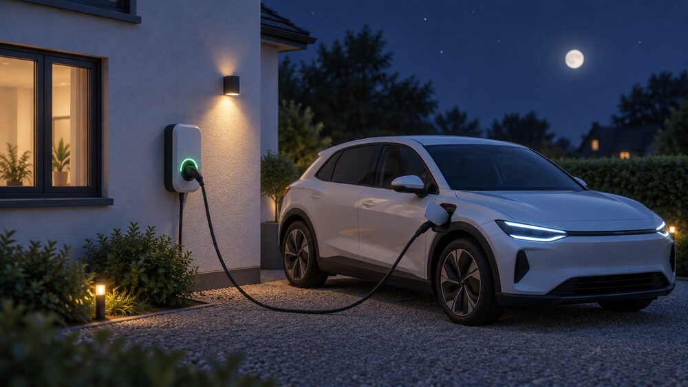 A wall-mounted domestic EV charge point on an outside wall of a house at night, its cable running to a parked electric car, with a soft glow from the charger indicating a scheduled overnight charging session in progress.