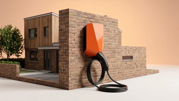 An orange wall-mounted EV charge point with coiled cable on a brick wall beside a modern house model