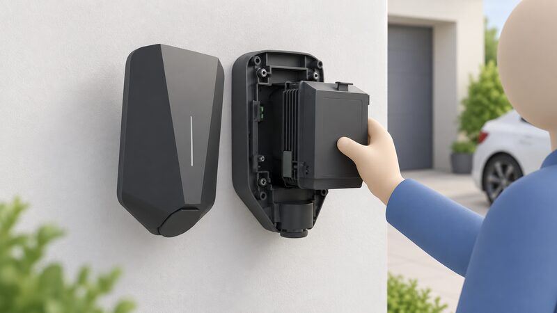 A wall-mounted Easee charger shown with its rounded front cover lifted away, revealing the separate replaceable electronics module inside the rear housing, with a simplified figure's hand drawing the module out.