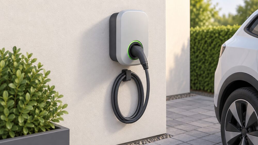 A small rounded wall-mounted EV chargepoint unit on an outside house wall beside a driveway, shown close up with its separate rear section hinted at and a coiled charging cable, with no other equipment in view.