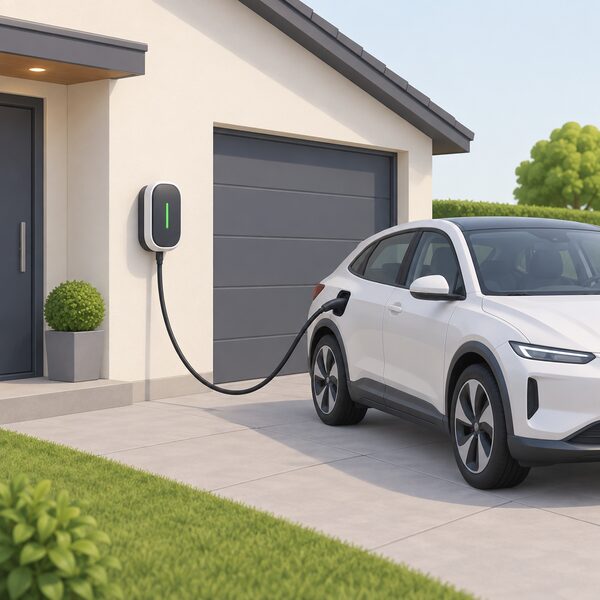 A small wall-mounted EV charger unit fixed to the outside wall of a house beside a driveway, with a cable plugged into a parked electric car, showing the device that keeps working offline.