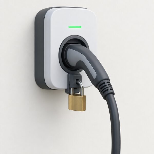 A close view of a small wall-mounted EV chargepoint with its type 2 charging cable plugged into its socket and secured by a padlock through the station's bracket, the padlock hanging closed beneath the cable's connector.
