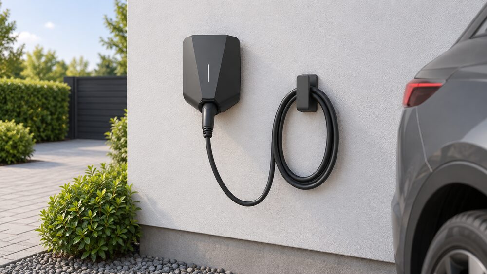 A compact untethered Easee One wallbox mounted on an outside house wall beside a driveway, with a separate Type 2 charging cable plugged into its socket and the cable's slack looped on a wall-mounted hook nearby.