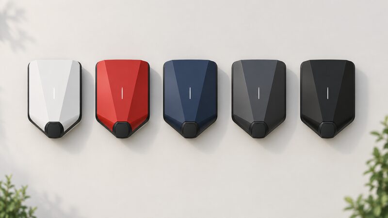 Five Easee One wall charger units shown side by side, each with a different front cover in white, red, dark blue, anthracite and black, mounted on a plain wall to show the colour choice of the user-changeable facia.