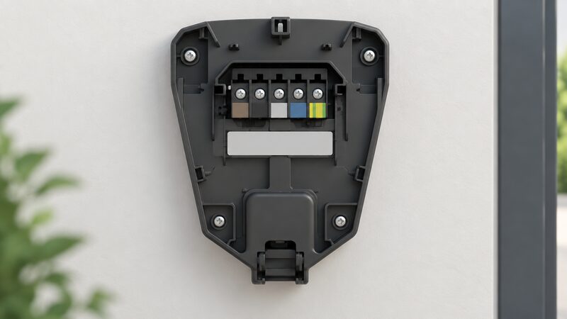 A close-up of an Easee One charger backplate mounted on a plain wall with its front cover removed, showing the terminal area with blank PME labelling blocks and clearly visible mounting screw points, drawn as a physical object in its installed setting.