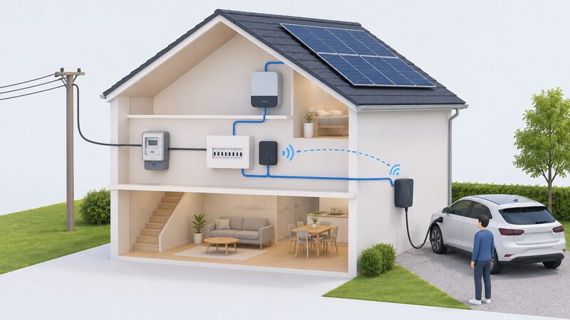 A simplified cutaway diagram of a house supply showing the grid meter feeding the consumer unit with an Equalizer mounted beside it, a solar inverter feeding into the same supply, and an Easee One wall charger connected to an electric car, with wireless links shown between Equalizer and charger.