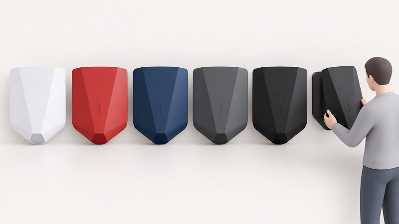 Five Easee One front covers in white, red, dark blue, anthracite and black laid side by side on a flat surface, each a rounded rectangular facia panel of identical shape, with one shown slightly apart as if being swapped onto a charger body.