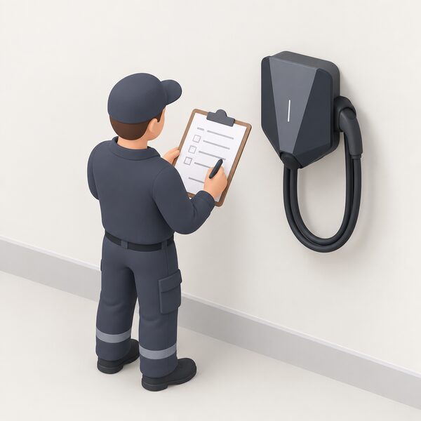 An installer's clipboard with a commissioning record sheet and a wall-mounted EV charger beside it, the small isometric installer figure completing the paperwork with the installation date marked only as a blank line, establishing the warranty start date.